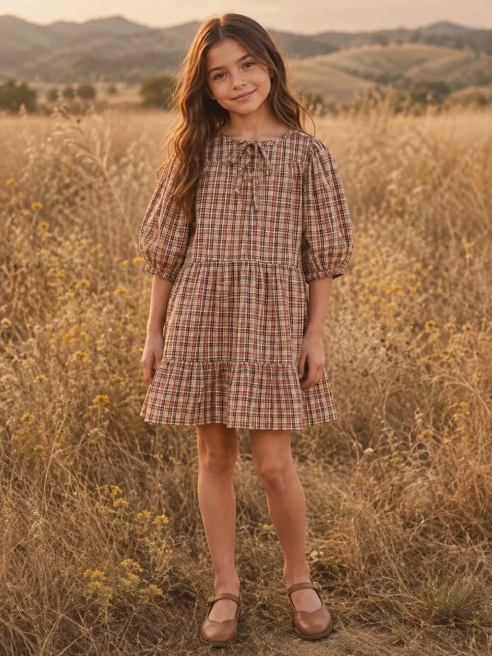Brown Plaid Cottagecore 100% Indian Cotton Puff Sleeve Dress
